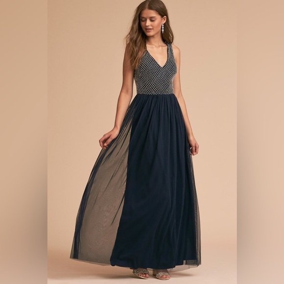 Adrianna Papell Dresses & Skirts - Adrianna Papell Anthropologie Bryce Navy Tulle Maxi Dress Gown Beaded Sz 0 NWT